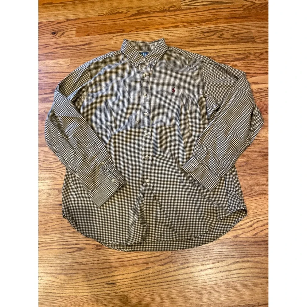 Ralph Lauren Mens Button Down Shirt XL 24 PTP Green Tan Gingham Classic Fit Logo - Picture 2 of 9